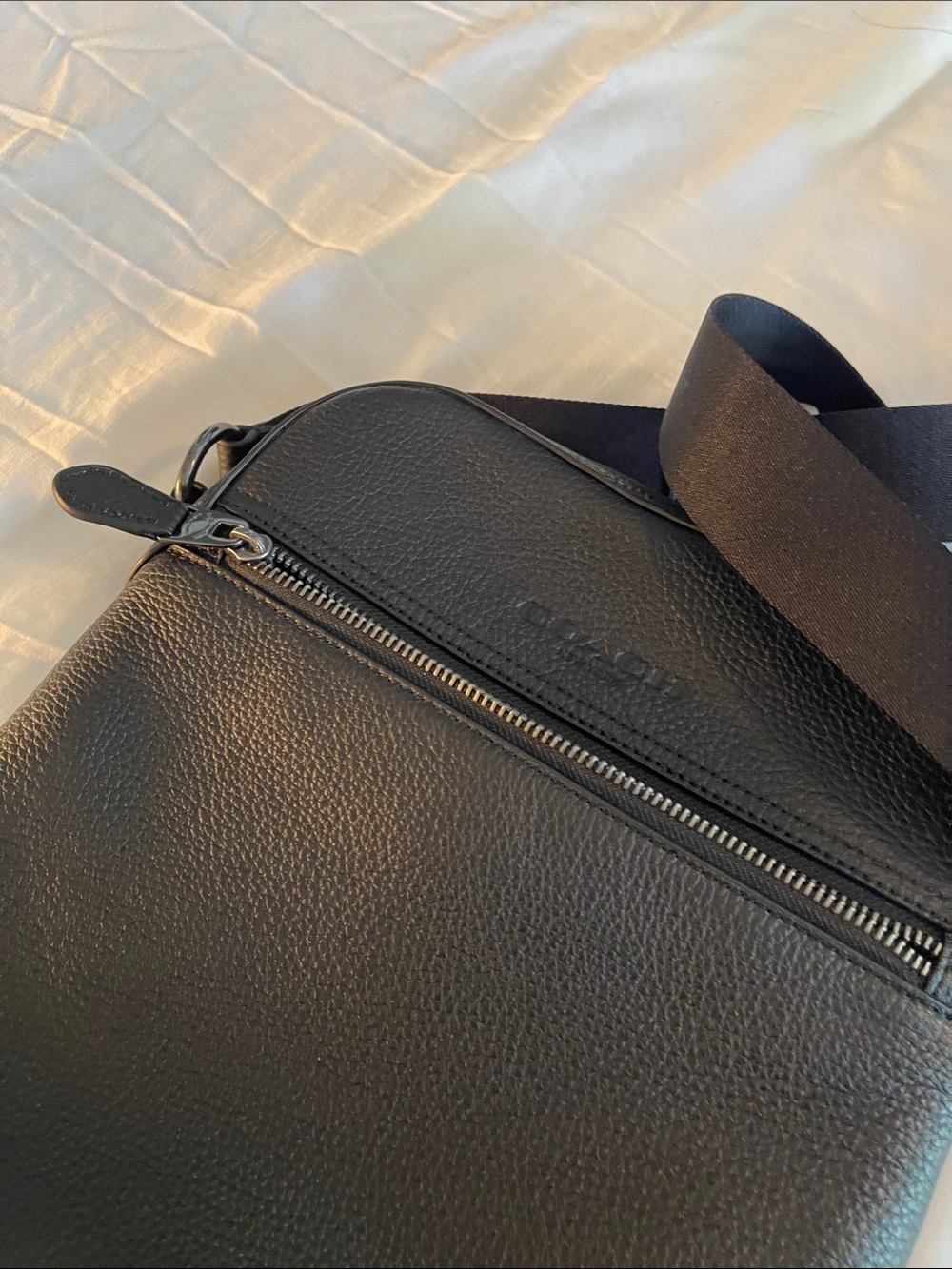 Coach Black Pebbled Leather Messenger Bag with Web Strap - Picture 4 of 9